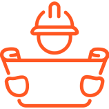 A red and green icon of an orange construction worker.